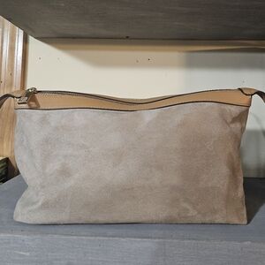 Sondra Roberts Squared Vegan Leather Tan Suede Clutch Purse Makeup Bag Travel